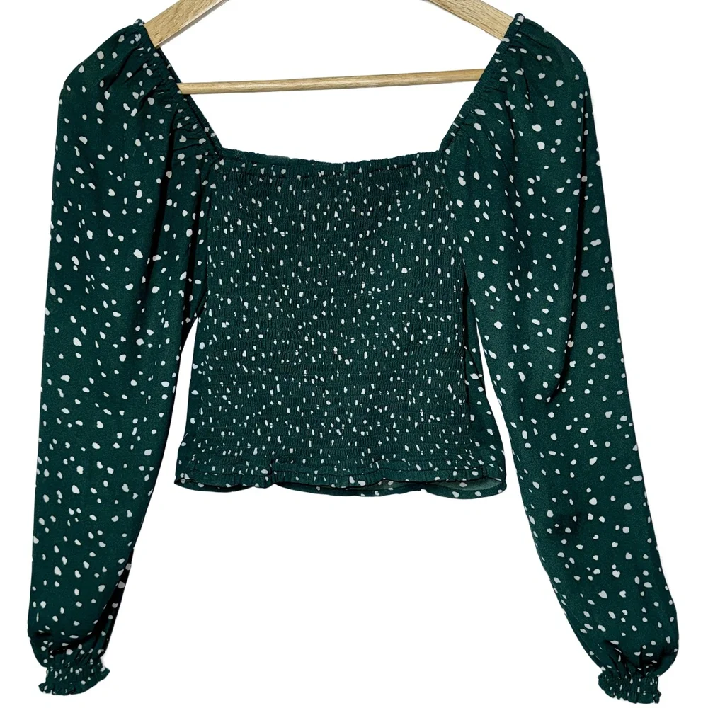 NEW Abercrombie & Fitch Green White Ruffled Smocked Puff Sleeve Blouse Size XXS